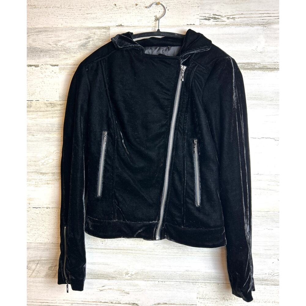 Mango MNG Womens XS Black Velvet Moto Biker Zip Designer Long Sleeve Jacket